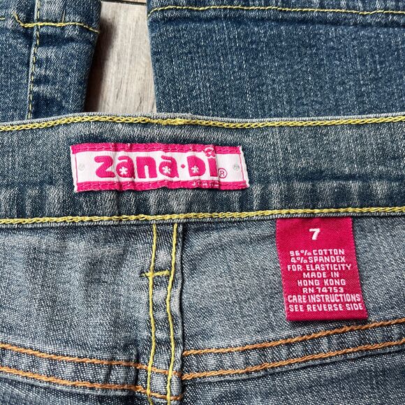 Y2K Flare Jeans Low Rise Dark Wash Yellow Stitch Hot Pink Blue Unique Grunge 29 - Picture 10 of 10